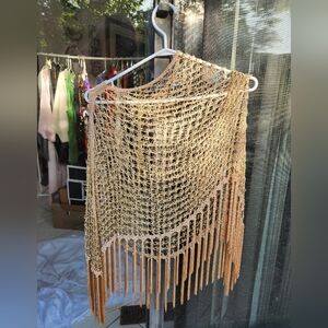 Beaded Tan Oatmeal Poncho with Fringe and Gold Beads